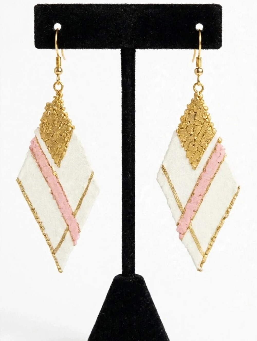 2/$10.    Handmade Gold & White Beaded Dangle Earrings with Pink Accent